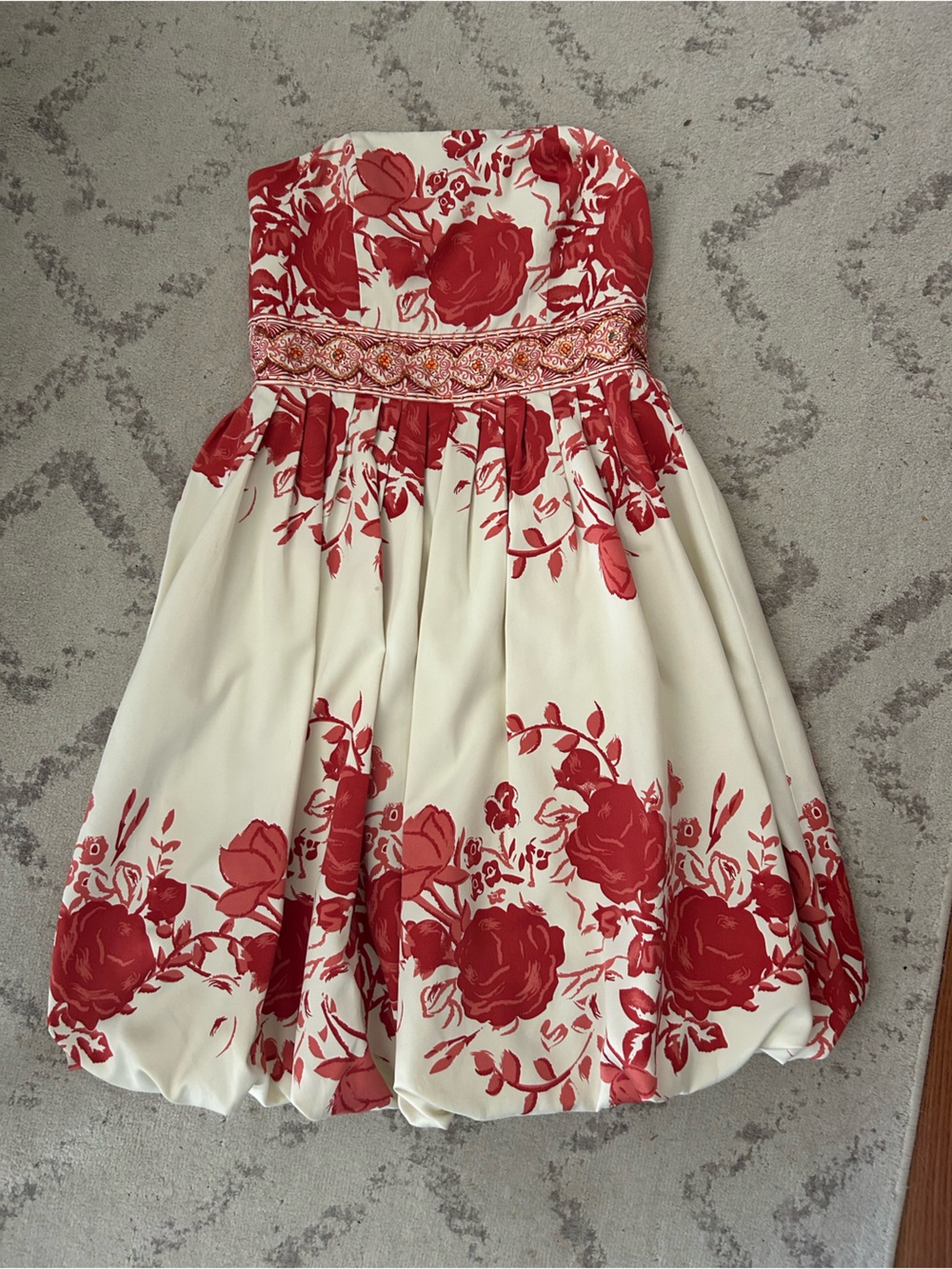 Forever 21 Strapless Cream Dress with Red Floral Print - zipper broken